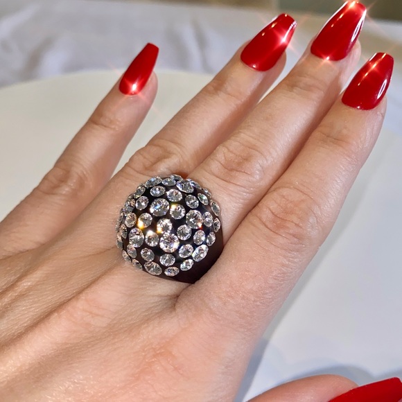 Women’s Black Acrylic Ring Embellished With Swarovski Crystal Stones, Dome Shape - Picture 3 of 15